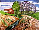 Edvard Munch Famous Paintings - Spring landscape at the red house 1935
